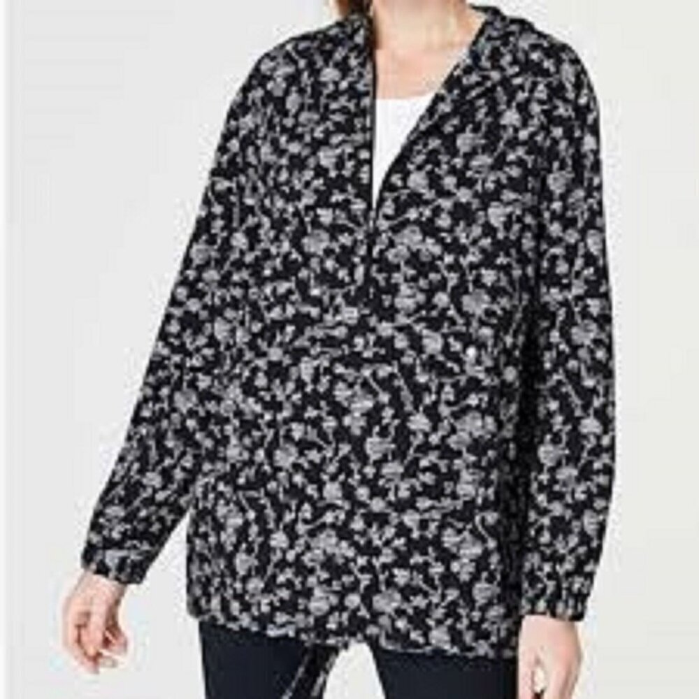 J. Jill Fit On the Go Black White Floral Hooded Windbreaker Womens S Sporty NEW